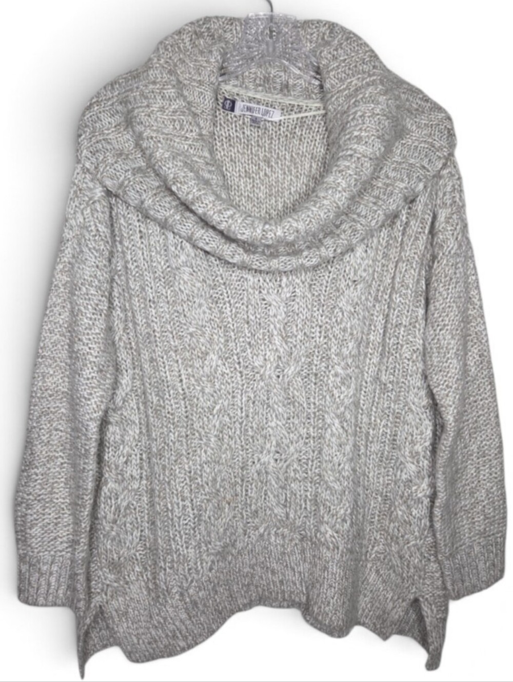 Jennifer Lopez Marled Gray Cable Knit Cowl Sweater
